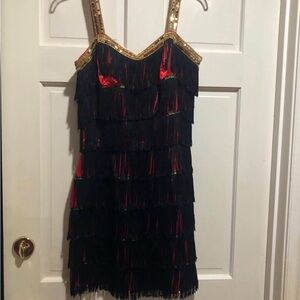 1920’s FlapperMini Dress Black & Red Fringe Dress w/ Gold Straps New Years Eve